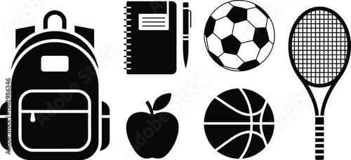 Six black-and-white school and sports icons featuring backpack, notebook, pen, soccer ball, tennis racket, apple, and basketball, symbolizing education, health, and student life.