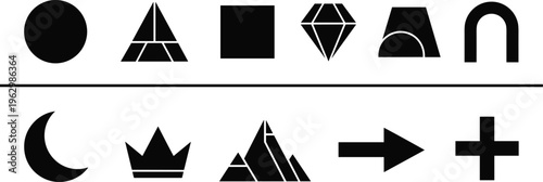 Geometric black shapes collection, abstract symbolic icons, puzzle pattern vector illustration, IQ test design elements, flat vector illustration