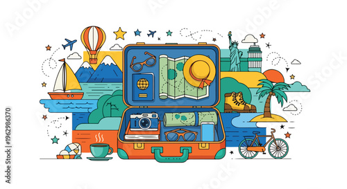 A vibrant, detailed illustration of travel-related objects