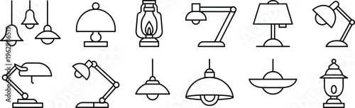 Twelve black-and-white lamp and lighting fixture icons including pendant lights, desk lamps, oil lamps, table lamps, and ceiling fixtures, symbolizing interior design and illumination.