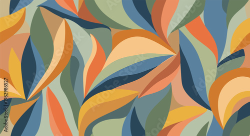 A vibrant abstract design of organic shapes with a retro color palette