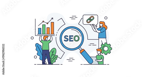 Seo optimization concept illustration with magnifying glass and people