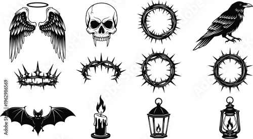 Gothic illustration icon collection, angel wings skull raven bat candle lantern symbols, horror fantasy vector artwork, flat vector illustration