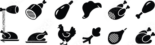 Twelve black silhouette poultry icons featuring chicken drumsticks, wings, roasted whole chickens, and meat cuts, symbolizing food, cooking, culinary design, and restaurant menu graphics.