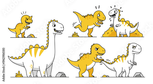 Illustration of various dinosaurs in different poses and stages of color filling on a white background.