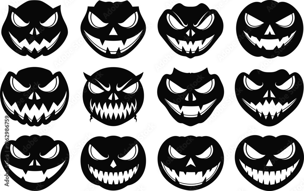 Obraz premium Halloween jack-o'-lantern faces collection, spooky pumpkin carving stencil designs, scary vector illustration, creepy black and white flat vector illustration