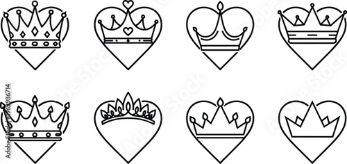 Heart crown icon set with love royalty symbols romantic vector outline design elegant emblem collection for wedding branding