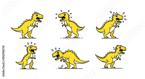 A set of six cartoon dinosaurs in various poses and expressions on a white background with a playful and humorous mood.