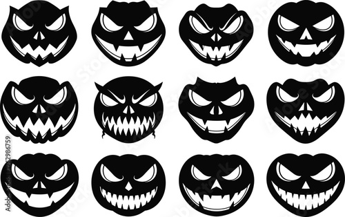 Halloween jack-o'-lantern faces collection, spooky pumpkin carving stencil designs, scary vector illustration, creepy black and white flat vector illustration