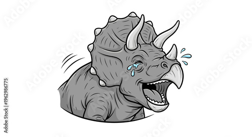 A cartoon illustration of a crying triceratops dinosaur with tears and a frown on its face against a clean white background.