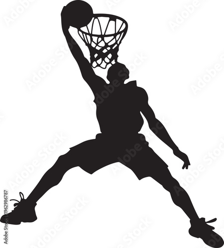 Sporting silhouette of a basketball player performing a jump shot, isolated graphic