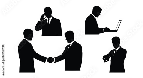 Diverse business professional silhouettes demonstrating essential corporate activities through clean vector illustration