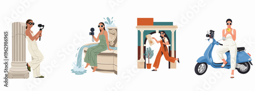 Flat illustration set of stylish women travelers and content creators vlogging, taking photos, and exploring famous tourist destinations during a summer vacation.