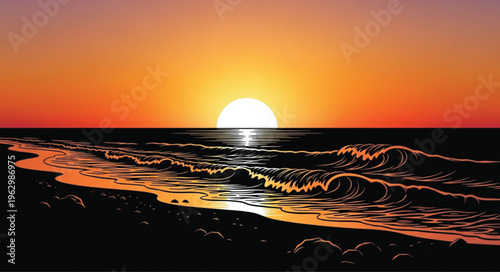 A beautiful summer evening landscape features a vibrant orange and red sun reflecting over the calm ocean horizon as the sky fills with yellow light and clouds at sunset
