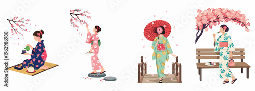 Set of illustrations featuring Japanese women in traditional kimonos enjoying spring cherry blossom season with tea, walks, and picnics.
