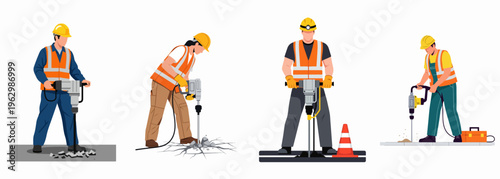 Vector illustration set of construction workers using jackhammers to break pavement, wearing high-visibility safety vests and hard hats on white background.