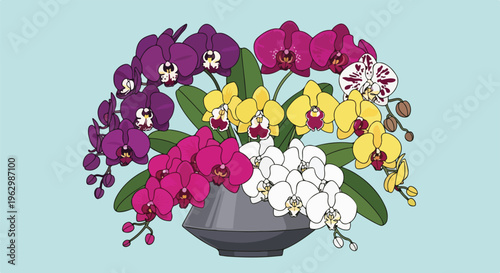 A vibrant digital illustration of colorful orchids in a gray vase