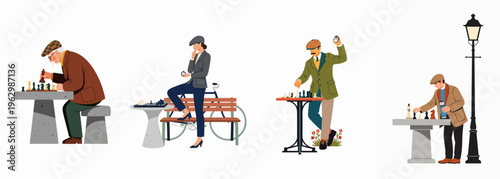 Illustration of people playing chess in an outdoor park setting with vintage-style characters and equipment.