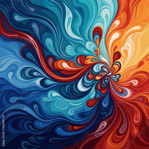 Vibrant abstract explosion of swirling colors, blending cool blues and fiery reds with warm oranges and yellows in a dynamic, organic pattern.