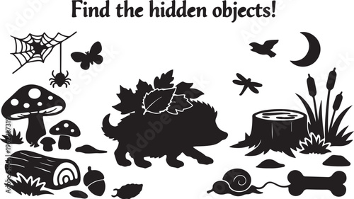 Hedgehog silhouette carrying leaves, designed for hidden object search activity to improve observation and attention skills in children.