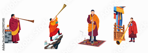 Set of illustrations depicting Tibetan Buddhist monks playing traditional long horns, known as Dungchen, in various spiritual and cultural settings.
