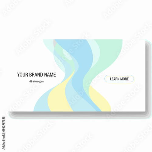 Abstract pastel wave banner design with brand name and learn more button for business website header or marketing material.