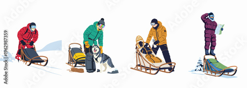 Flat illustration of people in winter gear engaged in dog sledding activities including racing, preparing equipment, and navigating in the snow.