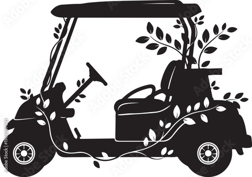 Black silhouette golf cart with leafy vines vehicle