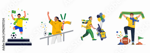 Set of enthusiastic sports fans celebrating with flags, scarves, and cheering equipment in Brazilian national team colors of yellow and green.