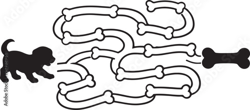 Cute puppy silhouette following a bone path maze, designed for kids puzzle activity to develop problem-solving and logical thinking skills.