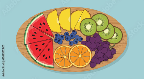 A vibrant fruit platter showcases a colorful array of fresh, sliced fruit