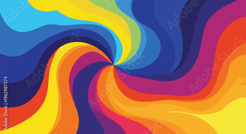 A vibrant abstract swirling design composed of multicolored bands