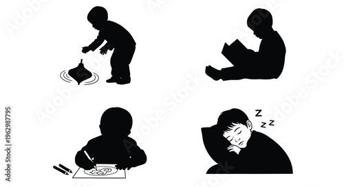 Collection of black and white vector graphic illustrations depicting children's daily activities and rest periods