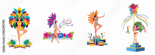 Set of Vibrant Brazilian Carnival Dancer Illustrations with Colorful Feathers and Musical Instruments Isolated on White Background