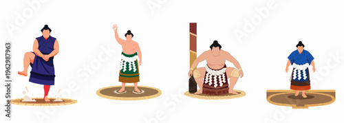 Set of flat vector illustrations depicting traditional Japanese sumo wrestlers in various ceremonial and ritual poses on the dohyo ring.