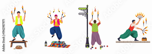 Set of flat vector illustrations featuring male performers in traditional attire performing fire juggling and manipulation acts with flaming torches and fans.