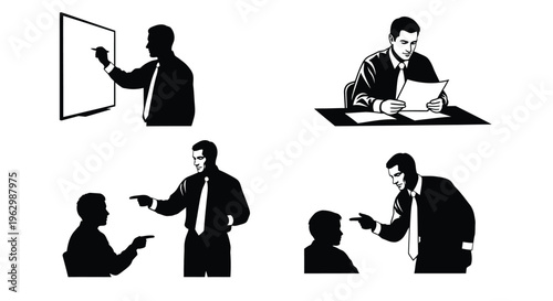Set of four black and white vector graphic illustrations depicting businessman interactions and presentation activities.