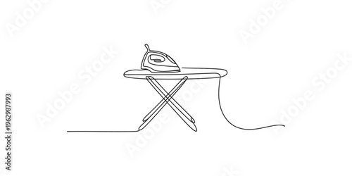 Continuous line drawing depicts an iron resting on a classic ironing board high quality professional detailed modern