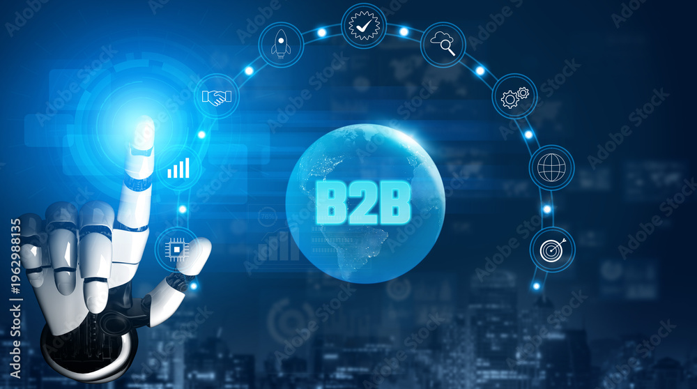Obraz premium AI for global B2B business growth and partnership solutions. An AI strategy for market expansion and achieving goals in worldwide business. Motif