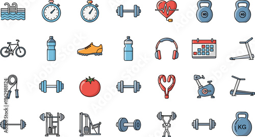Fitness and Gym Icons Set with Workout Equipment Cardio Training Health and Sports Elements Vector Illustration