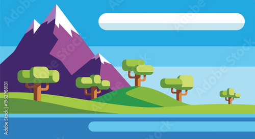 A vibrant, geometric landscape featuring mountains, trees, and water