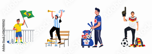 Collection of passionate football fans representing Brazil, Argentina, Japan, and Germany with various cheering gear and national team jerseys.