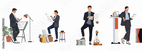 Professional male and female architects and engineers analyzing floor plans and blueprints with digital tablets for construction and urban development projects.