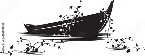 Black silhouette of a boat with vines growing on it in water