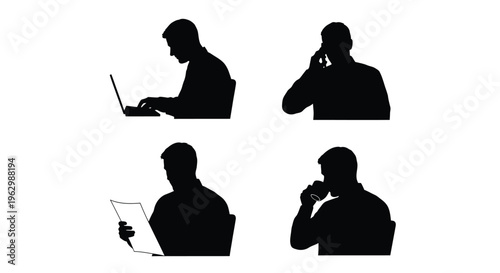 Professional vector graphic featuring multiple man silhouettes performing various daily work tasks and habits.