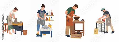 Set of diverse potters and ceramic artists working with clay on wheels and workbenches in flat style illustration isolated on white background.