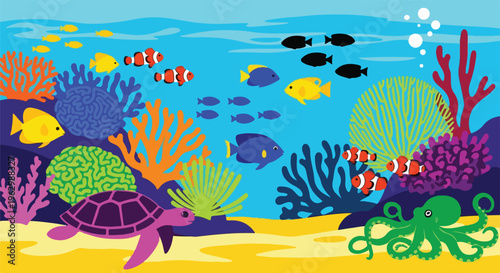 A vibrant, cartoon illustration of an underwater coral reef scene