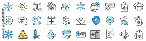 A comprehensive collection of line icons depicting winter weather conditions, cold temperatures, seasonal health protection, and comfort elements for various digital applications