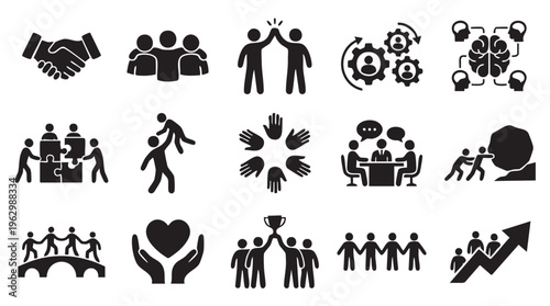 Black teamwork icons on white background in minimalist flat design for business and partnership