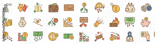 Financial and economic icon set illustrating money growth, savings, losses, and payment concepts, depicting various financial scenarios